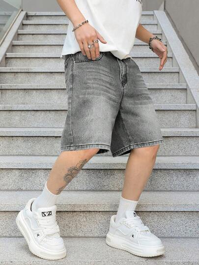 Manfinity EMRG Men's Pockets Loose Wide Leg Casual Versatile Denim Shorts Grey Jean Shorts Men