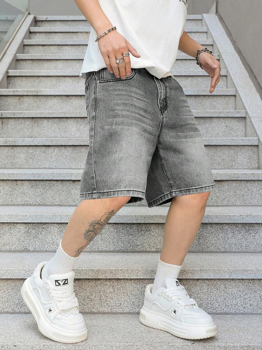 Manfinity EMRG Celana Pendek Denim Pria Model Longgar Lebar Kasual Serbaguna Warna Abu-abu - Light Grey - View 1