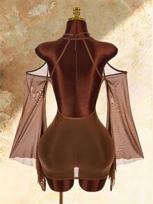 Amplova Đầm ngắn ôm sát không tay, cổ trễ vai, kiểu dáng trễ vai dành cho nữ - Màu Khaki - Xem 9