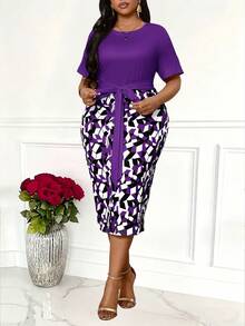 Villa Velisse Plus Size Women's Short Sleeve Tie-Up Patchwork Geometric Print Elegant Dress - Purple - View 1