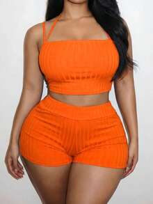 Slaydiva Women's Plus Size Two Pieces Set, Summer Orange Smart Casual Sexy Beach Vacation Rave Party Gym Strapless Tank Top High-Waisted Cycling Shorts, Sporty - Orange - View 7