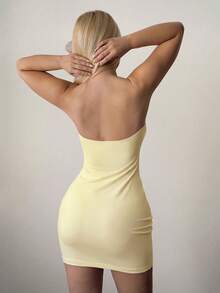 Sweetina Women's Summer Beach Vacation Style Floral Print Fitted Mini Bandeau Dress - Light Yellow - View 2