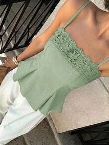 Siren Gaze Women's Summer Casual Vacation Patchwork Embroidery Mesh Cinched Waist Ruffle Hem Camisole - Mint Green - View 6