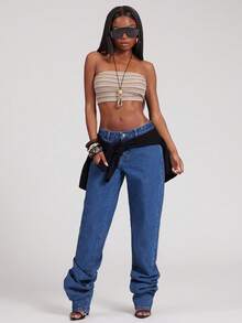 NYA SZN Quần jeans nữ xếp ly có túi, kiểu dáng thường ngày, đa năng. - Rửa trung bình - Xem 1