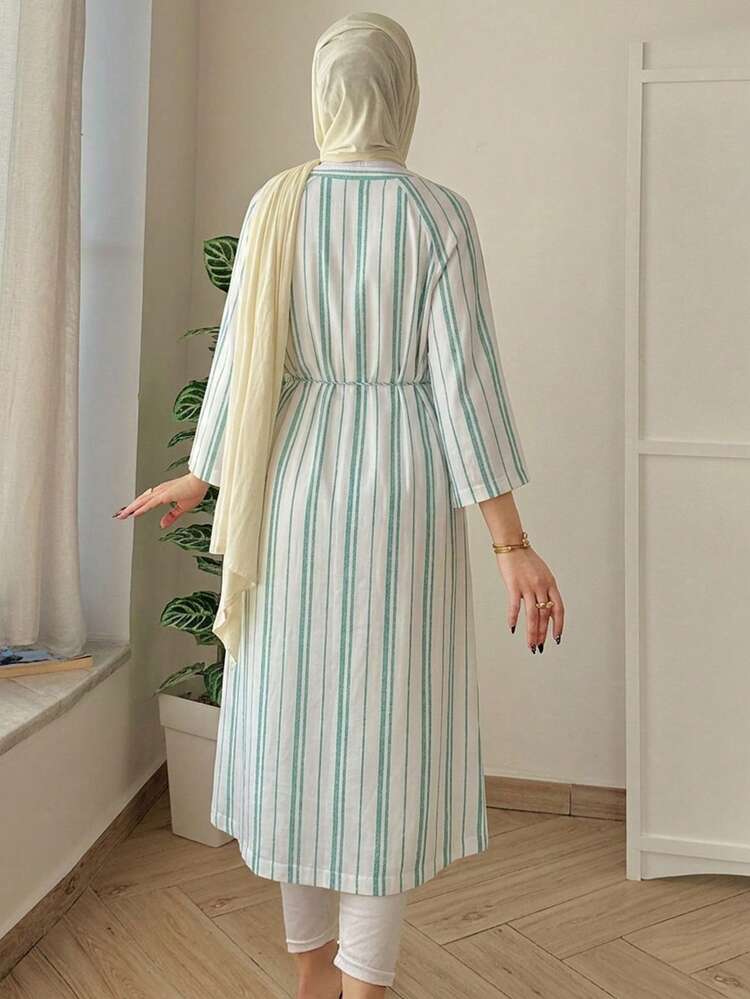Vacation Style Striped V-Neck Raglan Sleeve Loose Mid-Length Tassel Cinched Waist Women Nightgown