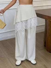 DAZY Women's Loose Straight Leg Pants With Elastic Waist And Drawstring, Casual Elegant Autumn Trousers Brunch White - Apricot - View 7