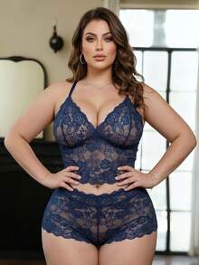 SHEIN 2 piezas Conjunto de lencería romántica con cordón para tallas grandes - Azul Marino - Ver 1