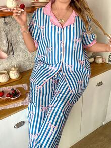 Slumberry CURVE Sweet Striped Bow Decor Open Front Contrast Color Plus Size Pajama Set - Multicolor - View 6