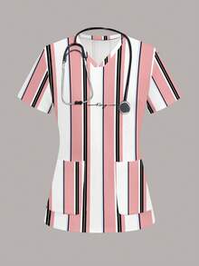PopScrub 女士可爱条纹英文字母印花工作服上衣 - 彩色 - 查看 1