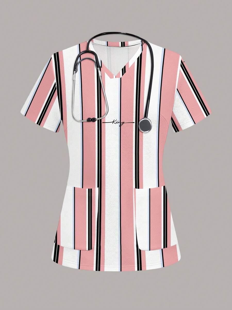 PopScrub 女士可爱条纹英文字母印花工作服上衣 - 彩色 - 查看 1