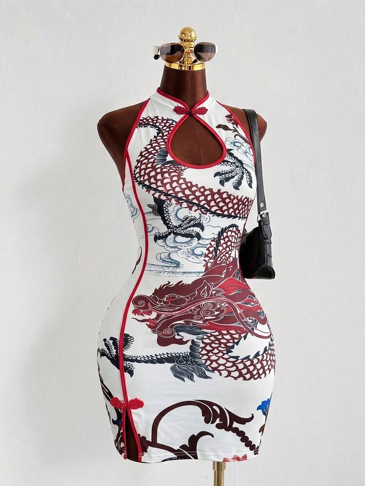 bodycon oriental dress Lady Side Slit Long Cheongsam Dress Bodycon Floral Fit Qipao Chinese  Traditional