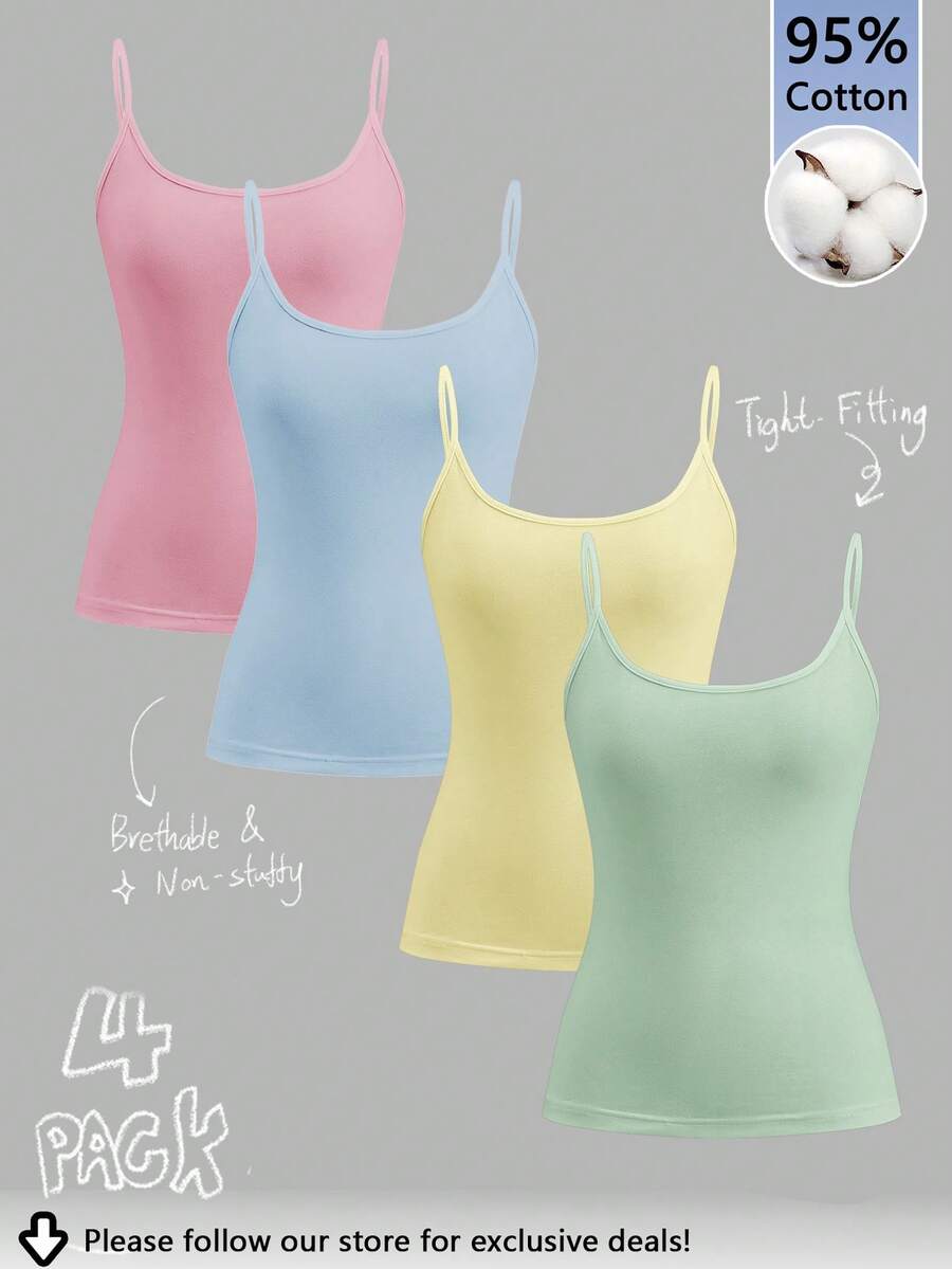 Tseoso 4 piezas Conjunto de camisetas de tirantes de 95% algodón de colores, adecuado para el verano - Multicolor - Ver 1