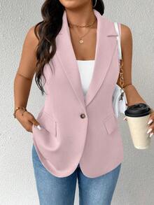 Elenzga Plus Size Women Thin Button Casual Minimalist Vest Jacket - Pink - View 3