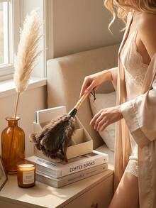 Cirelle 1pc Natural Feather Duster With Wooden Handle, Gentle Cleaning Brush For Home, Furniture & Decor, Lint-Free Dust Remover For Shelves, Books, Jewelry & Ornaments, Elegant Cleaning Tool For Bedroom & Living Room, Ideal Gift For Home Enthusiasts. - White Pole #1 - View 7