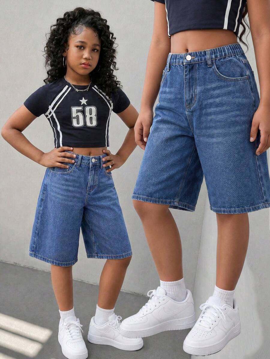 Girls' Casual Soft Cotton Denim Shorts, Fashion Versatile Daily Comfortable Loose Straight Leg Vintage Washed Blue Knee Length Shorts Suitable For Leisure, Vacation, Daily Wear - Blue - View 1