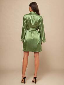 Silquee Women's Solid Color Lace Patchwork Camisole Dress And Long Sleeve Robe Pajama Set - Olive Green - View 2