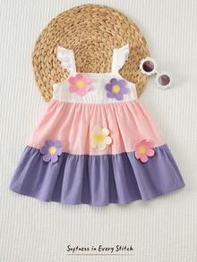 Cozy Pixies Vestido de tirantes con bloque de color y decoración floral para bebé niña, versátil y cómodo - Rosa - Ver 7