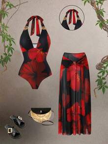 Swim Oasis 2026 New Plus Size Black,Summer,Boho,Beach,Holiday Swimsuit Set,Red Printed Halter V-Neck Strap With Metal Decor,Mesh Overlay Skirt Set - Multicolor - View 1