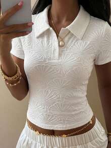 DAZY Women Textured Short Sleeve Slim Fit Polo Neck T-Shirt - White - View 1