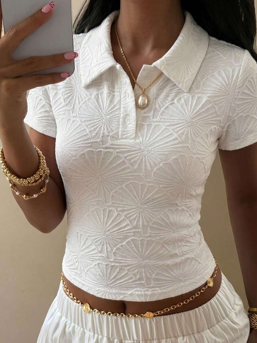 DAZY Women Textured Short Sleeve Slim Fit Polo Neck T-Shirt - White - View 1