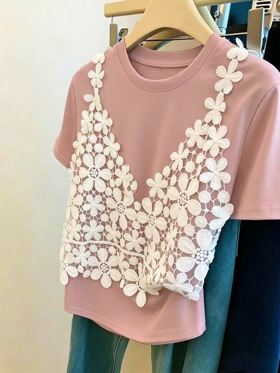 Franclia Plus Size Women 2 In 1 Applique Contrast Color Round Neck Short Sleeve T-Shirt - Pink - View 1