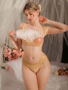 SHEIN Lace Sheer Ruffle Sexy Lingerie Set (2pcs Bra Set With Underwire) - Yellow - View 3
