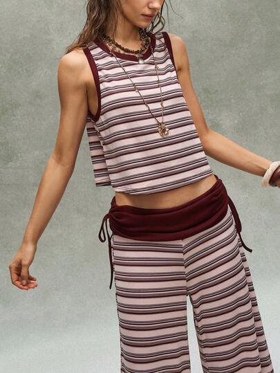 Bohemela 2pcs/Set Women Casual Knit Striped Tank Top & Straight Leg Pants