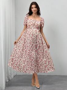 SHEIN Floral Print Maternity Dress With Short Sleeves Holiday Vacation Beige Summer Boho - Pink - View 3