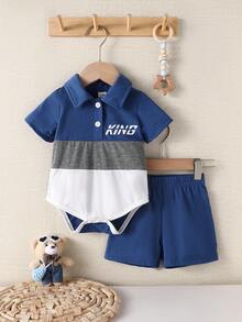 SHEIN Baby Contrast Color Patchwork Polo Collar Short Sleeve Outfit - Navy Blue - View 7