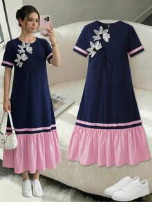 Teen Girl Floral Decor Contrast Color Ruffle Hem Short Sleeve Dress - Multicolor - View 8