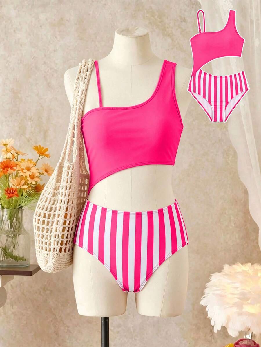 SHEIN Bộ đồ bơi một mảnh cổ lệch màu Colorblock cho bé gái, thiết kế khoét eo, trang phục đi biển màu tím