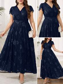 Reflora Plus Size Women's Elegant Floral Print Dress, Summer Wedding Guest Dress - Navy Blue - View 2
