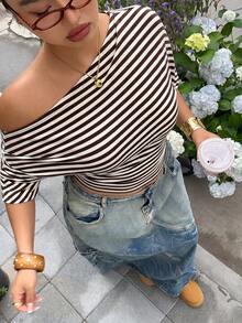 Muchica Plus Size Summer Casual Asymmetric Neck Striped Short Sleeve T-Shirt - Brown - View 3