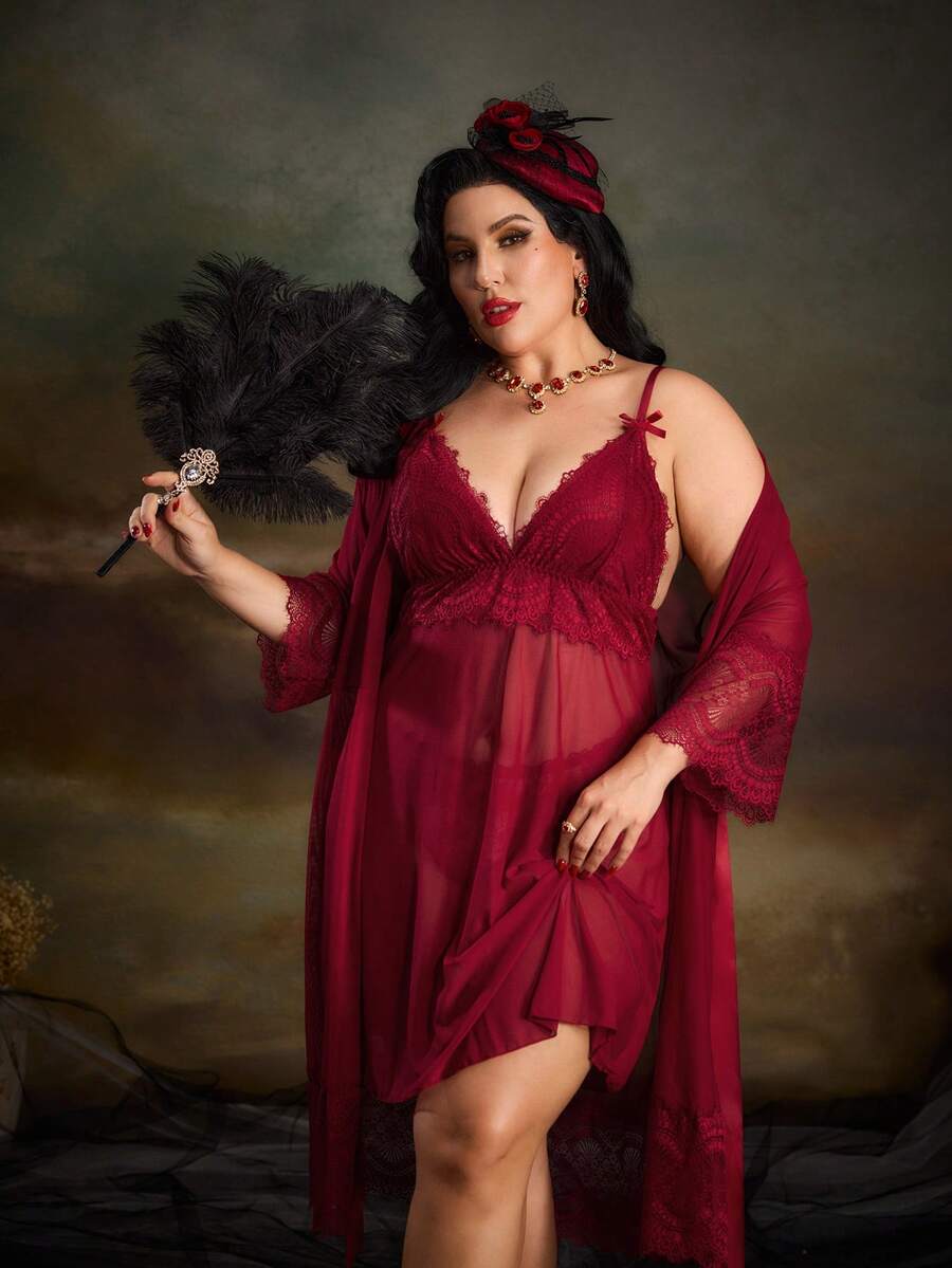 PinupPomp Plus Contrast Lace Mesh Robe & Cami Dress PJ Set / Pajama Set - Burgundy - View 1