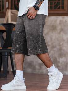 Manfinity EMRG Pantalones cortos de mezclilla de pierna ancha con adornos de diamantes de imitación para hombres de talla grande, vacaciones - Gris - Ver 4