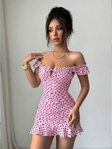 BamGleam Women's Polka Dot Print Tie Front Ruffle Hem Dress - Pink - View 7