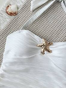SHEIN Tween Girl Tween Girls' Solid Textured Spaghetti Strap Tie Bow Starfish Open Back One-Piece Swimsuit, Cute For Summer Beach - White - View 5
