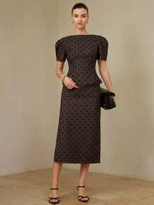 BELROSIE New Arrival Black & Gray Contrast Flocked Polka Dot Off-Shoulder Puff Sleeve Crop Top & Skirt Set, Retro French Style - Multicolor - View 7