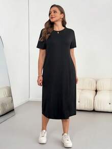 SHEIN Essnce 大码女装春夏时尚休闲宽松弹力舒适日常百搭显瘦黑色短袖中长连衣裙，开衩设计，简约风格，黑色连衣裙，欧洲夏季，工作装 - 黑色 - 查看 3