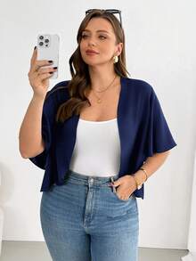 Basic Black Short-Sleeved Cardigan, Versatile And Comfortable For Everyday Wear, Plus Size Women's Casual Fashion, Summer Coats, Going-Out Blouses, Office Wear, Vacation Wear - 藏蓝色 - 查看 4
