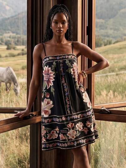 CAJUNI Tropical Vacation Boho Tufting Flowers Short Dress.