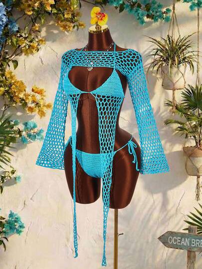 Amplova New Colorful Sexy 3 PiecesKnitted Swimsuit Set For Women, Fashionable Vacation Beachwear