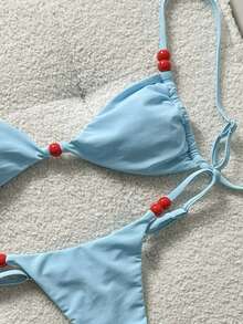 Swim Mod Conjunto de bikini de tirantes finos de unicolor rojo con decoración de cuentas para mujer, primavera/verano - Azul - Ver 6