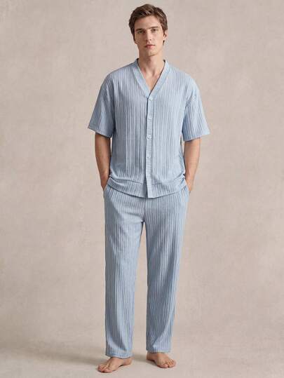  EverLounge Men's Fashion Light Blue Wavy Texture Fabric Cardigan Short Sleeve And Pants Loungewear Set