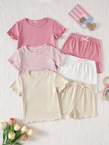SHEIN 3套6件組女嬰可愛粉色/米色/白色羅紋條紋短袖T恤上衣短褲套裝，柔軟薄款夏季陽光沙灘玩樂時尚款 - 彩色 - 查看 9