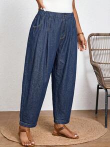 SHEIN CURVE+ CURVE+ Plus Size Women's Elastic Waist Barrel Leg Jeans, Casual Everyday & Comfort Pants For Women Wide Leg Pants For Women - Medium Wash - View 7