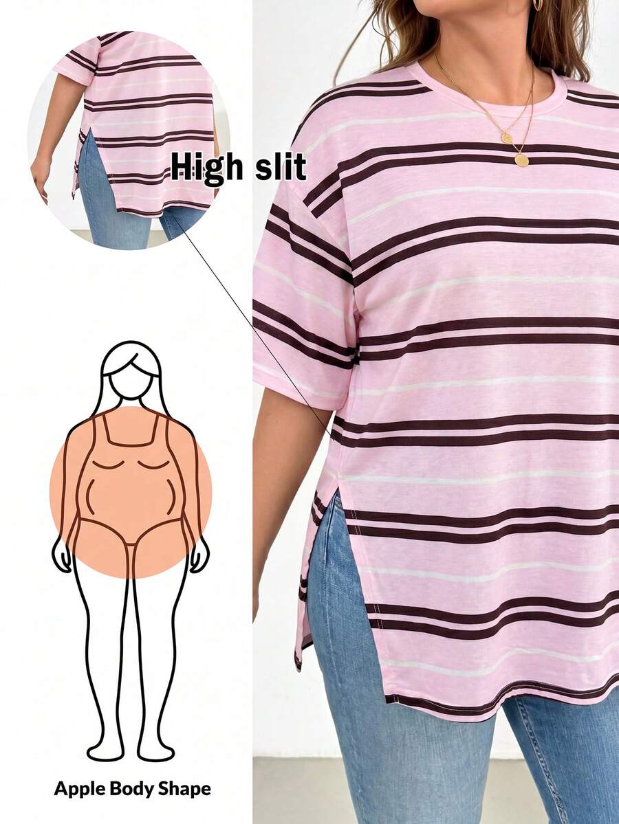 Shapeblank Kaos Lengan Pendek Garis Lebar Merah Muda Kasual Gaya Abad Pertengahan Longgar Elastis Nyaman untuk Wanita Ukuran Plus Musim Semi/Panas, Cocok untuk Harian dan Serbaguna