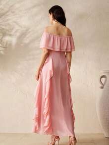 SHEIN Elegant Romantic French Ruffle Off Shoulder  Chiffon Fitted Slimming A-Line Long Dress, Sweet Ruffle Decor, Suitable For Dates - Dusty Pink - View 3