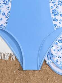 SHEIN Tween Girls One-Piece Swimsuit, 2 Pieces Set, Blue Floral & Botanical Print, Fashionable Casual Elegant Refined Sporty Lively Cute Active Water-Friendly, Suitable For Swimming, Vacation, Beach, Pool, Photo Shoot, Water Park, Spa - Blue - View 5