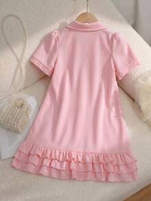 Elladie kids 女童休闲 Polo 领蝴蝶结装饰层叠荷叶边下摆短袖连衣裙 - 黃色 - 查看 3